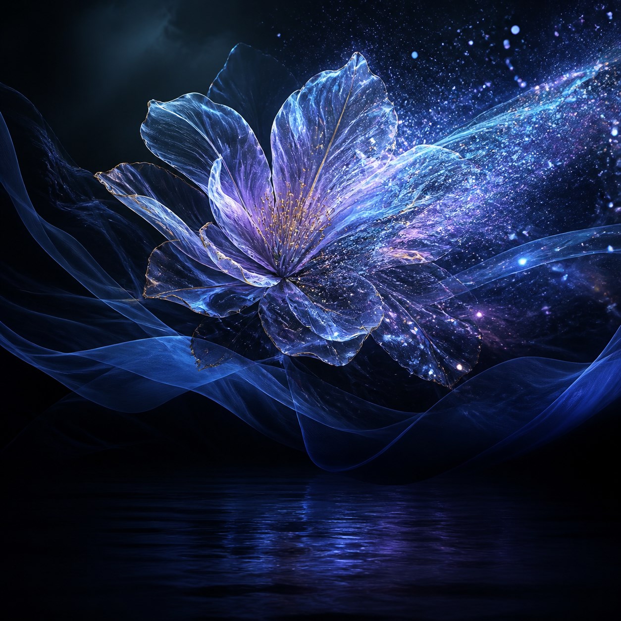 Surreal generative artwork with a luminous blue and purple botanical form