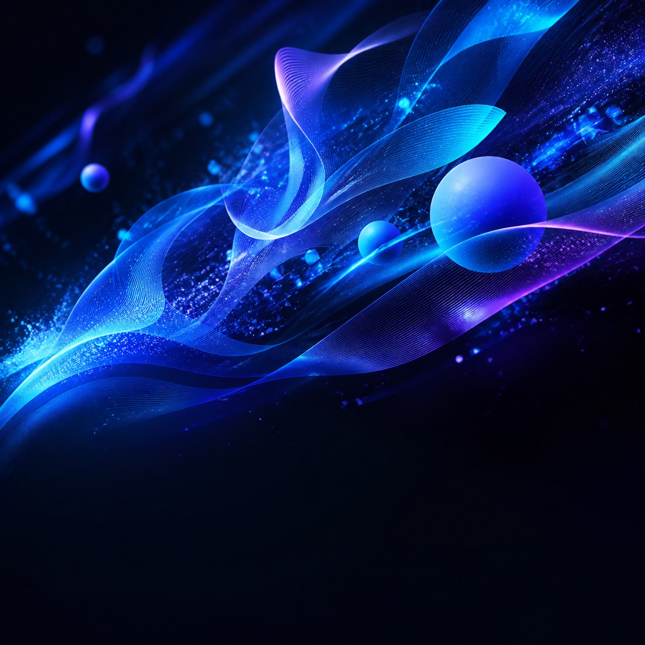 Abstract blue and purple motion artwork with flowing forms and particles