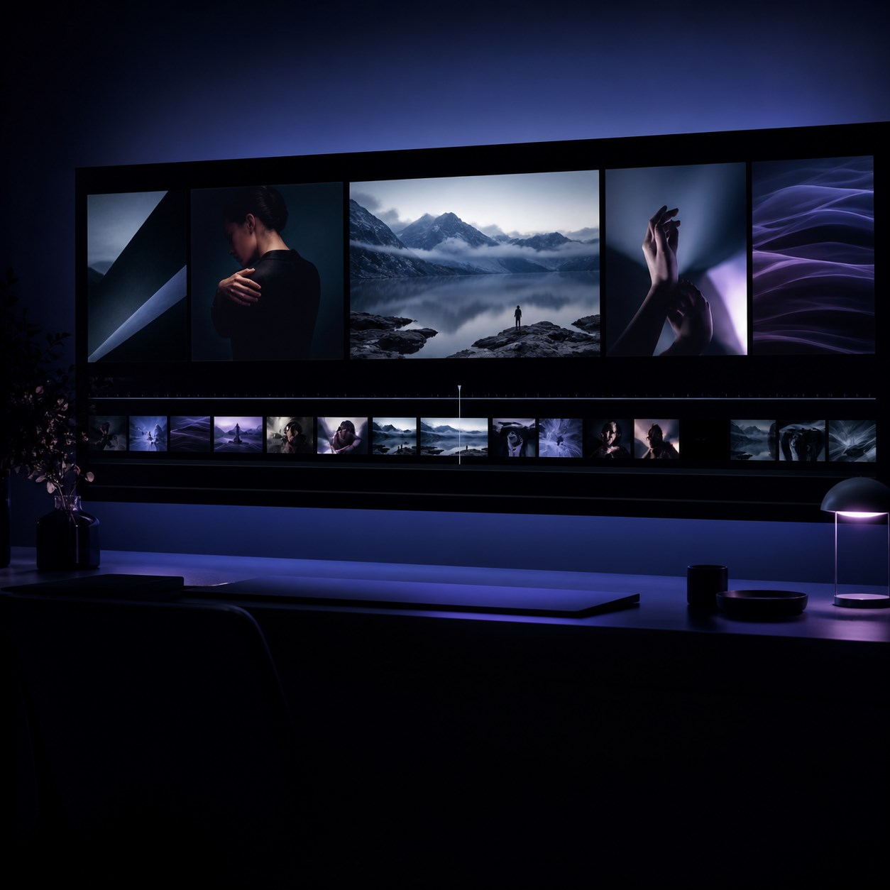 Premium editing workspace showing a sequence of cinematic frames